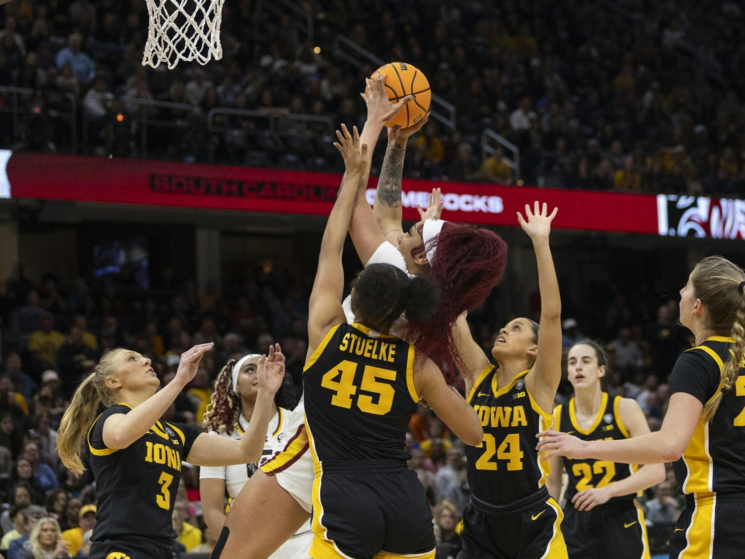 Senior center Kamilla Cardoso attempts a layup during the national championship game against the Hawkeyes on April 7, 2024. Cardoso scored 15 points for the Gamecocks with 17 rebounds to help secure the 87-75 victory over the Hawkeyes.
