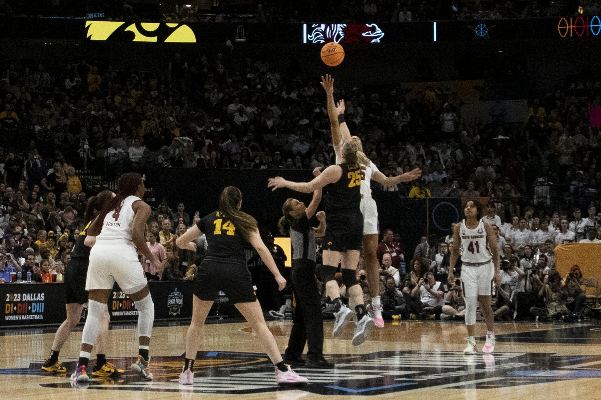Senior forward Victaria Saxton wins the tip-off against the University of Iowa at the start of the Final Four match on March 31, 2023. Senior guard Zia Cooke, senior forward Aliyah Boston, senior guard Brea Beal, graduate student guard Kierra Fletcher and Saxton made up the starting five for the Gamecocks.