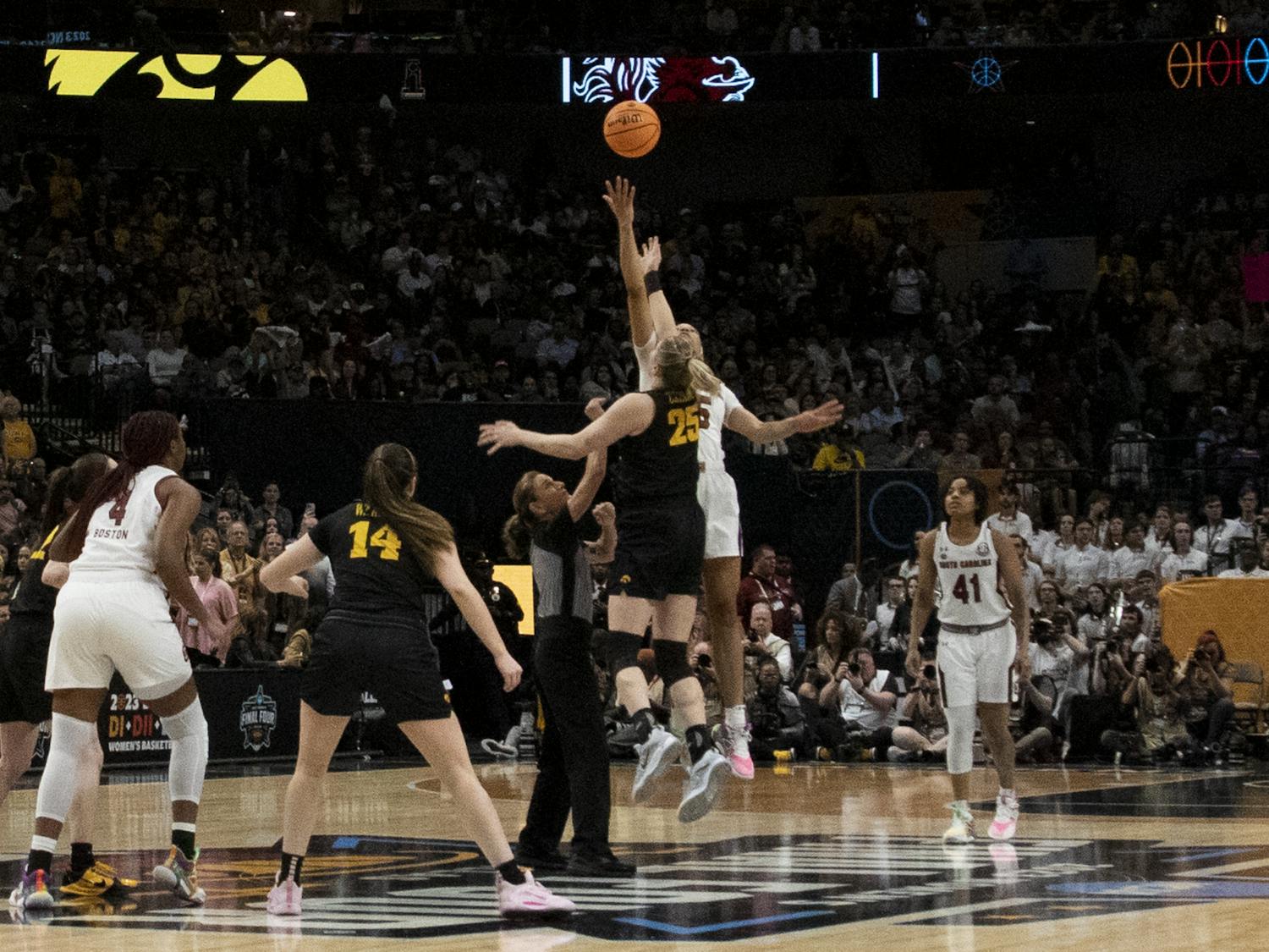Senior forward Victaria Saxton wins the tip-off against the University of Iowa at the start of the Final Four match on March 31, 2023. Senior guard Zia Cooke, senior forward Aliyah Boston, senior guard Brea Beal, graduate student guard Kierra Fletcher and Saxton made up the starting five for the Gamecocks.
