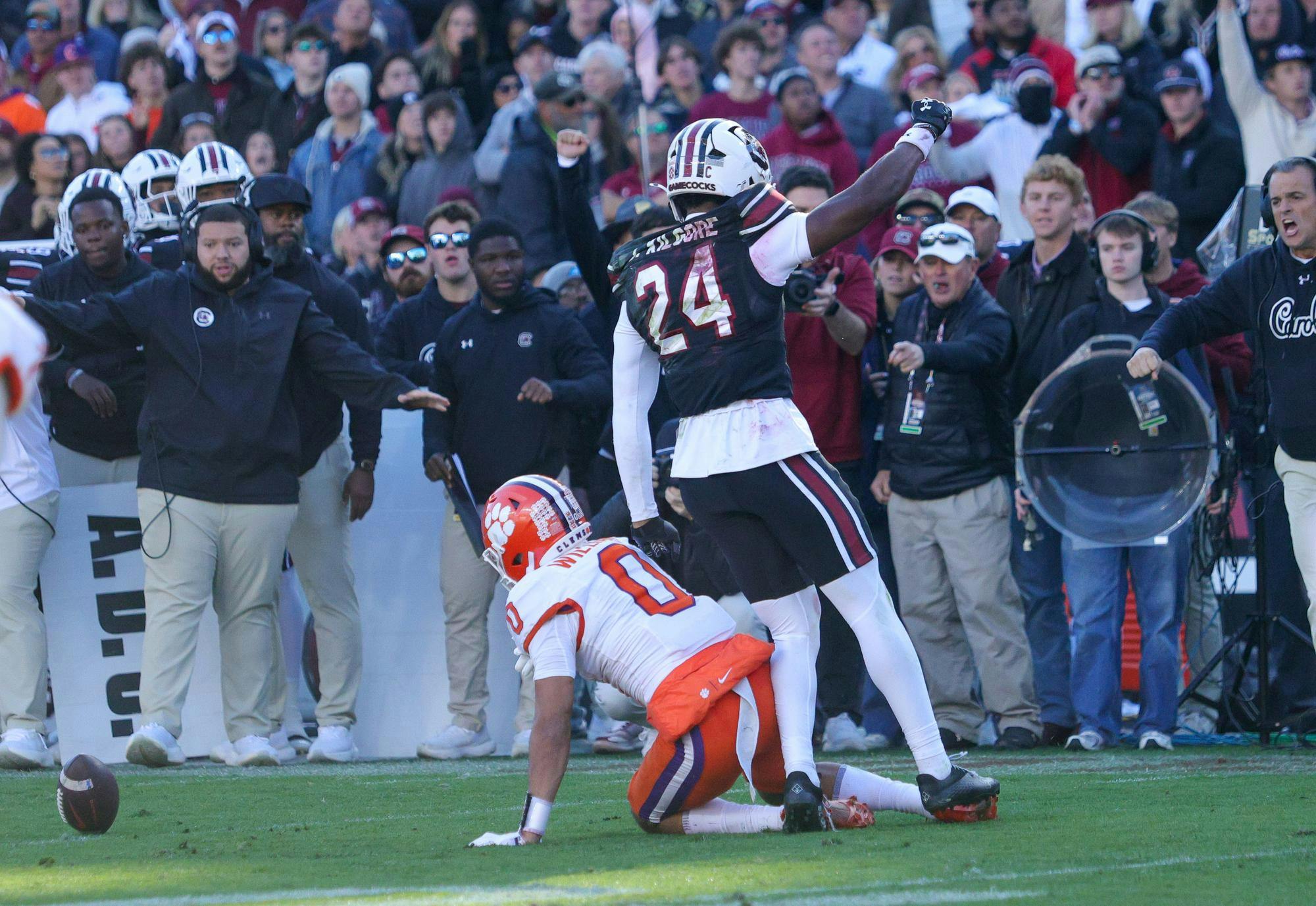 FILE — Junior defensive back Jalon Kilgore celebrates after breaking up a pass in South Carolina's game against Clemson on Nov. 29, 2025, at Williams-Brice Stadium. Kilgore is one of the four Gamecock football players invited to the 2026 NFL scouting Combine.