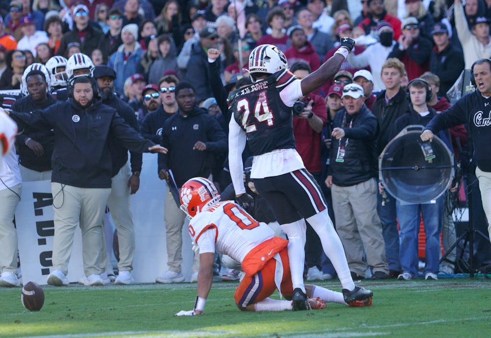 <p>FILE — Junior defensive back Jalon Kilgore celebrates after breaking up a pass in South Carolina's game against Clemson on Nov. 29, 2025, at Williams-Brice Stadium. Kilgore is one of the four Gamecock football players invited to the 2026 NFL scouting Combine.</p>