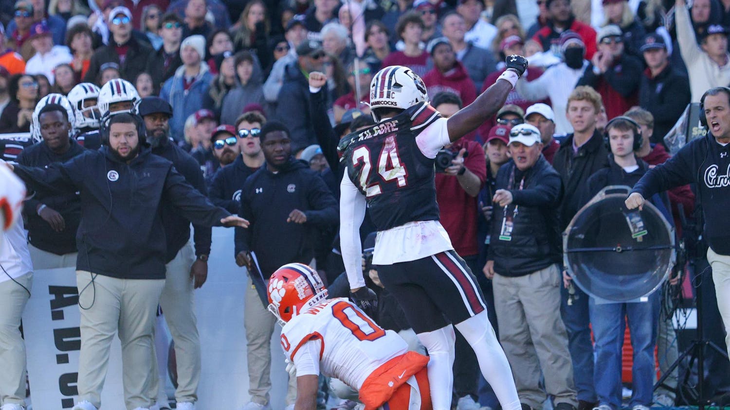 FILE — Junior defensive back Jalon Kilgore celebrates after breaking up a pass in South Carolina's game against Clemson on Nov. 29, 2025, at Williams-Brice Stadium. Kilgore is one of the four Gamecock football players invited to the 2026 NFL scouting Combine.
