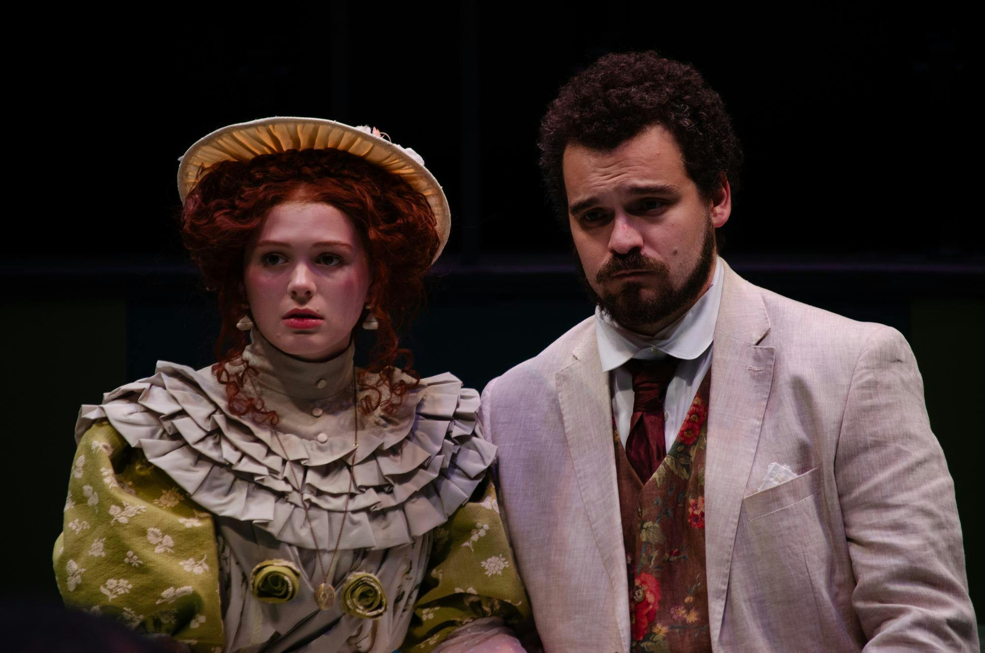 Meagan AuBuchon (left) and Dominic Delong-Rodgers (right) practice performing “The Importance of Being Earnest” in Longstreet Theatre on Nov. 3, 2025. AuBuchon and Delong-Rodgers portray Cecily Cardew and Algernon Moncrieff, respectively.