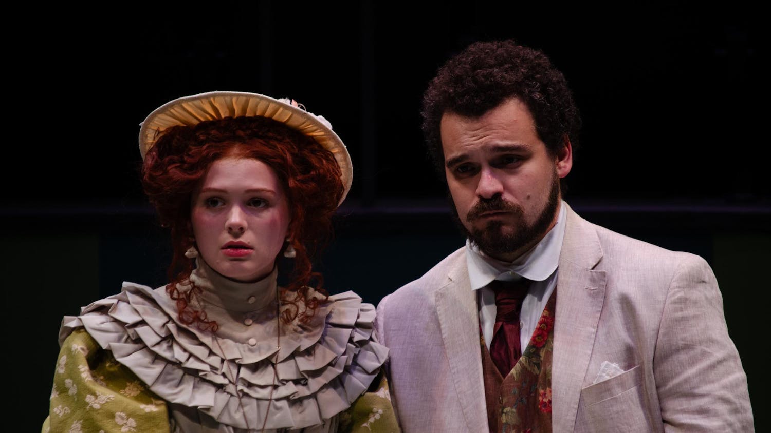 Meagan AuBuchon (left) and Dominic Delong-Rodgers (right) practice performing “The Importance of Being Earnest” in Longstreet Theatre on Nov. 3, 2025. AuBuchon and Delong-Rodgers portray Cecily Cardew and Algernon Moncrieff, respectively.