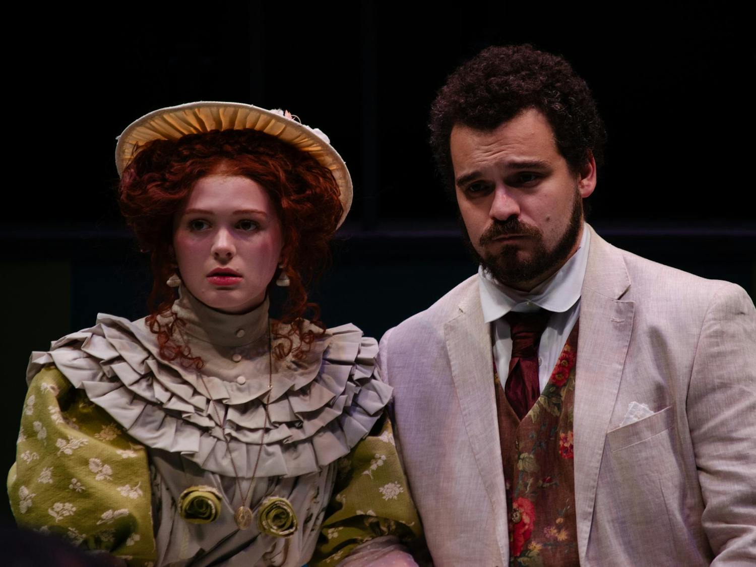 Meagan AuBuchon (left) and Dominic Delong-Rodgers (right) practice performing “The Importance of Being Earnest” in Longstreet Theatre on Nov. 3, 2025. AuBuchon and Delong-Rodgers portray Cecily Cardew and Algernon Moncrieff, respectively.