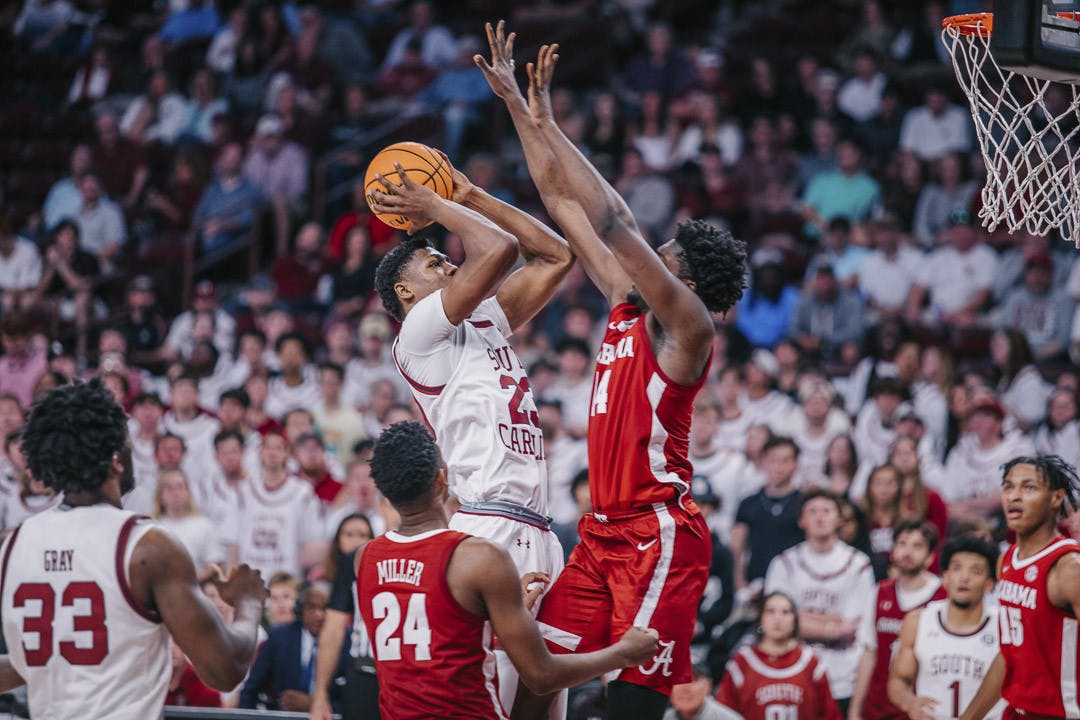 Freshman forward GG Jacksons shoots a contested jump shot near the basket in the second half of the game against Alabama at Colonial Life Arena on Feb. 22, 2023. The Crimson Tide beat the Gamecocks 78-76 in overtime.&nbsp;