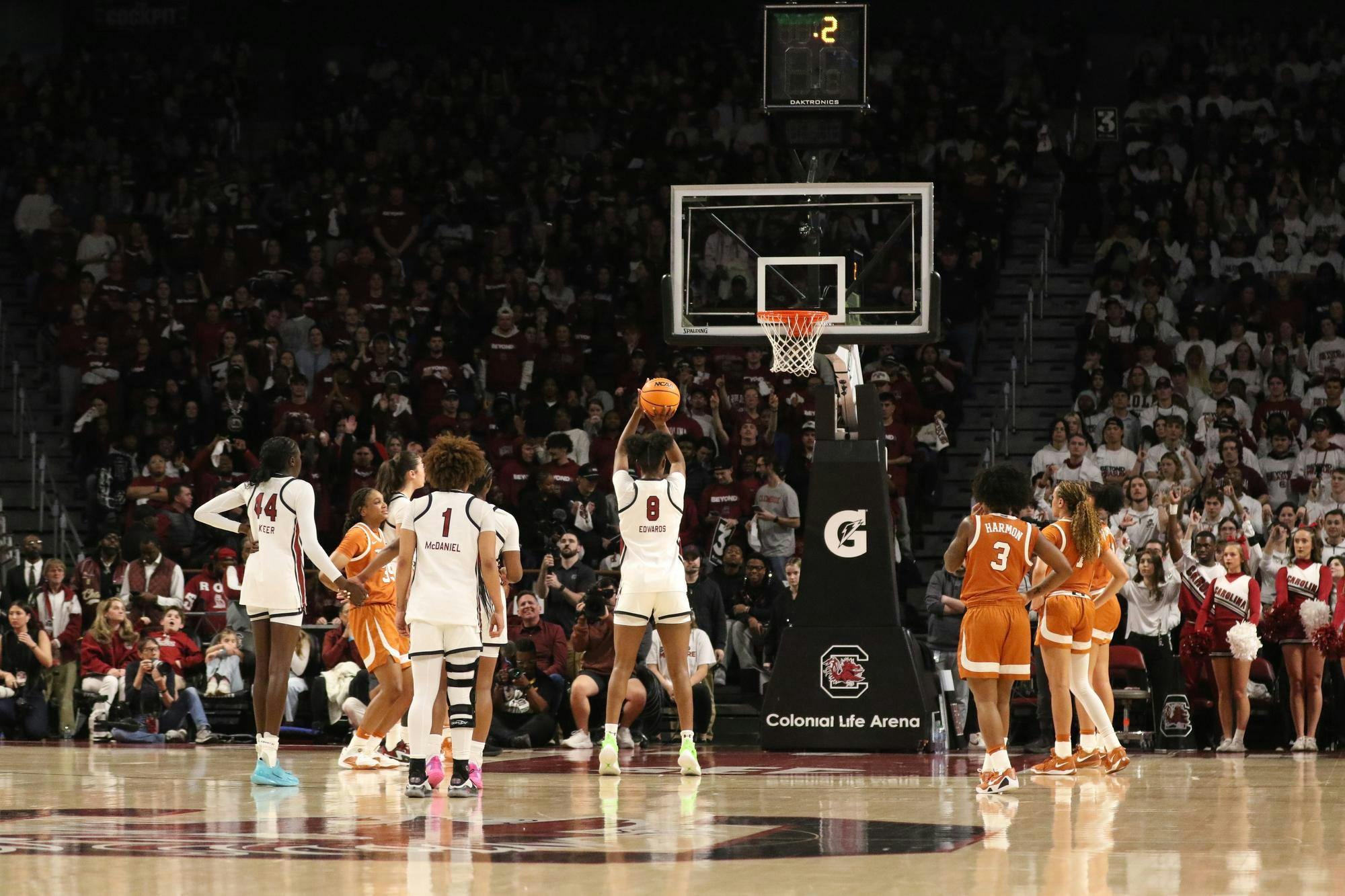 Sophomore forward Joyce Edwards shoots a free throw to help seal the win against Texas on Jan. 15, 2026, at Colonial Life Arena. The Gamecocks won 68-65 over the Longhorns.