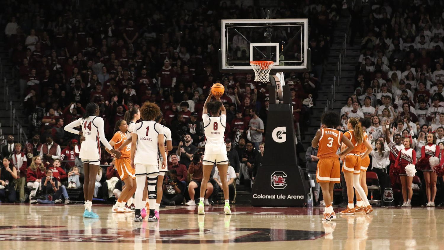 Sophomore forward Joyce Edwards shoots a free throw to help seal the win against Texas on Jan. 15, 2026, at Colonial Life Arena. The Gamecocks won 68-65 over the Longhorns.