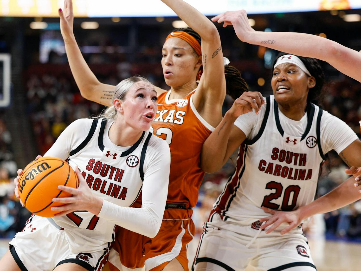 Junior forward Chloe Kitts pushes towards the basket during the championship game against Texas at the SEC Tournament in Greenville, South Carolina, on March 9, 2025. Kitts was named MVP of the tournament.