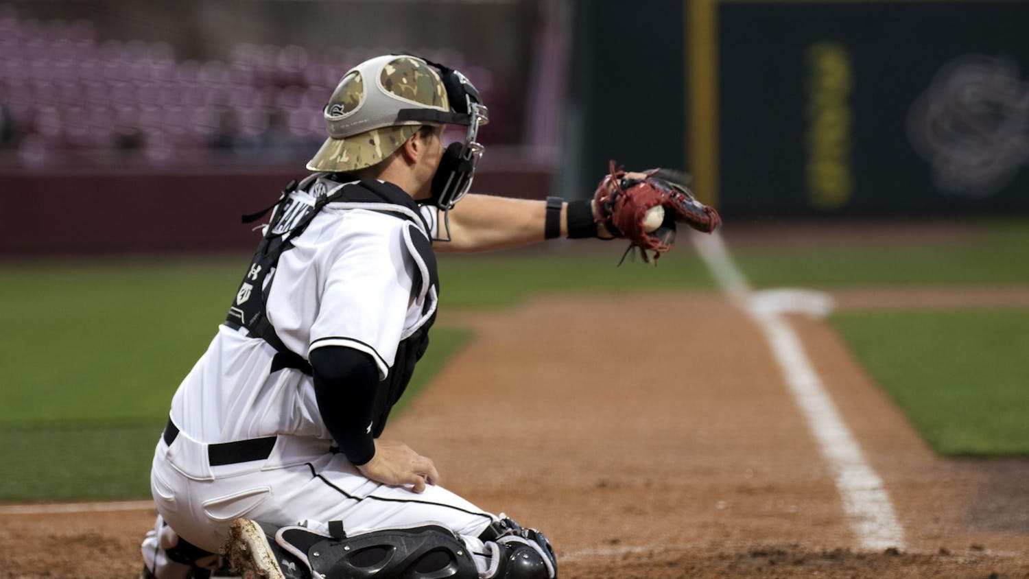 Senior catcher Dalton Reeves catches a strike during South Carolina's 19-14 victory over the Presbyterian Blue Hose on March 26, 2024. Reeves started for the first time this season and made 2 home runs and six RBIs for the Gamecocks.