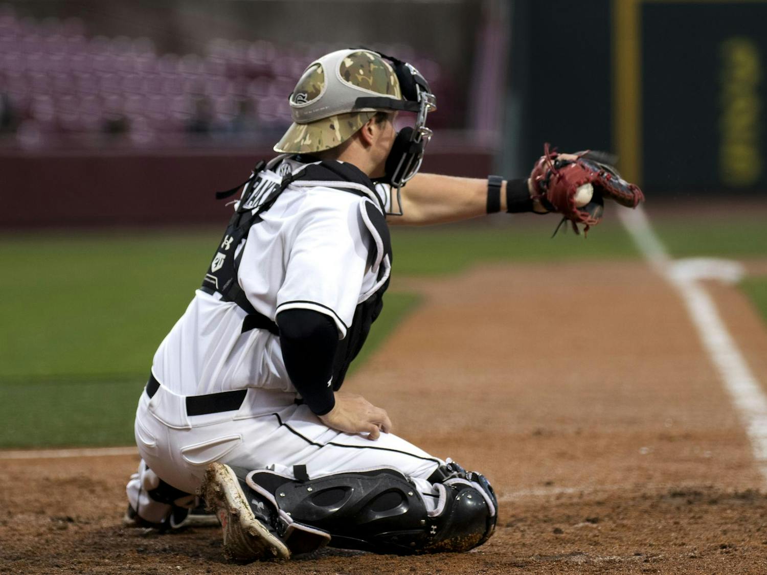 Senior catcher Dalton Reeves catches a strike during South Carolina's 19-14 victory over the Presbyterian Blue Hose on March 26, 2024. Reeves started for the first time this season and made 2 home runs and six RBIs for the Gamecocks.