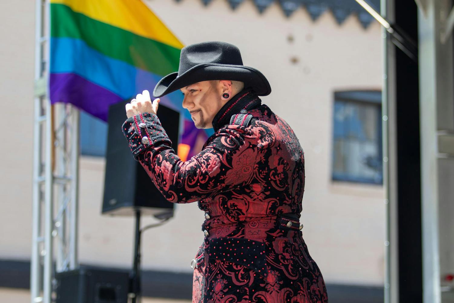 Drag king performer Doc Hollidaze tipping a hat to the crowd during the drag competition on June 1, 2024. Outfest, hosted by South Carolina Pride, had the theme 'Yeehaw Y’all! A Celebration for All!. 