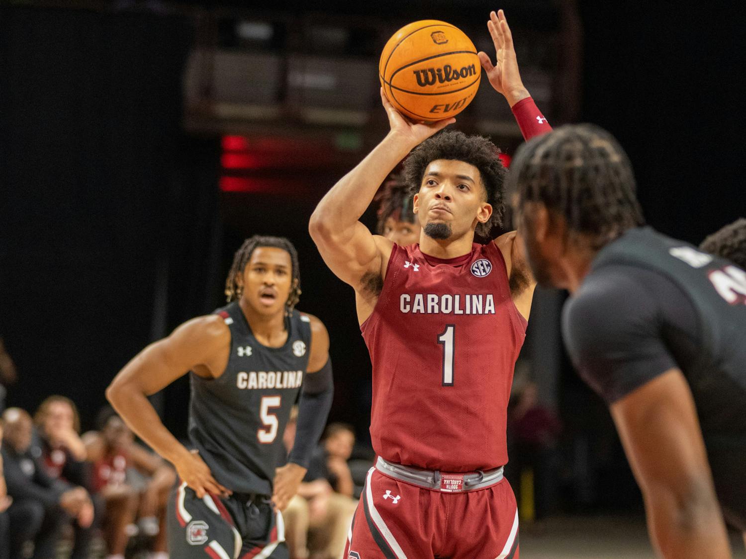 Sophomore guard Jacobi Wright prepares to make a free throw on Oct. 26, 2022. The men's basketball team hosted Garnet &amp; Black Madness in preparation of the upcoming season.&nbsp;
