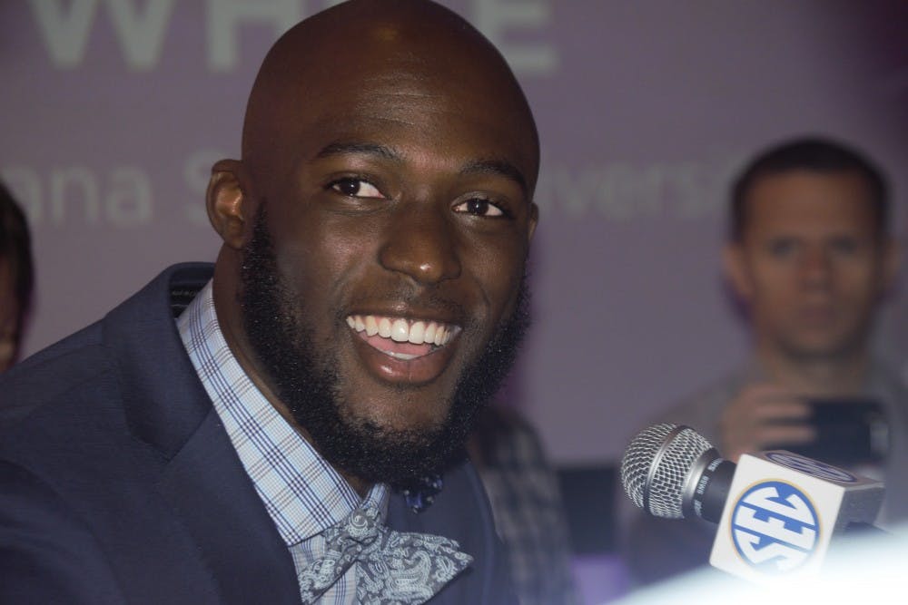 <p>Leonard Fournette speaks on Thursday as one of three athletes from LSU at the SEC Media Days.</p>