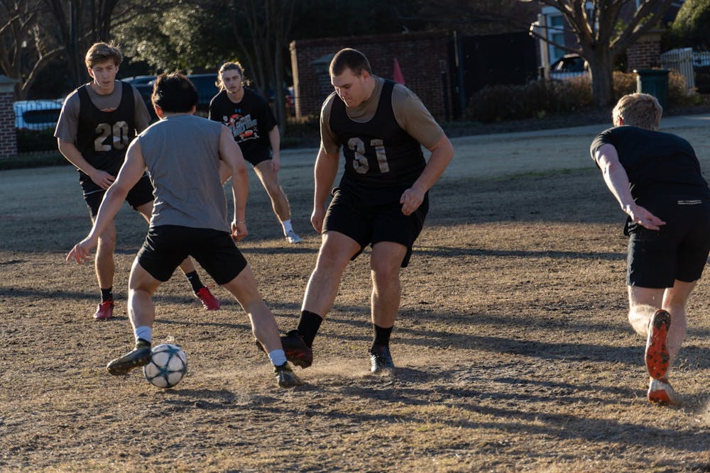 <p>Group of USC students play intramural soccer on Sunday, Feb. 20, 2022. USC hosts a wide variety of intramural sports providing ways for students to get exercise and competition outside of collegiate sports and clubs.</p>