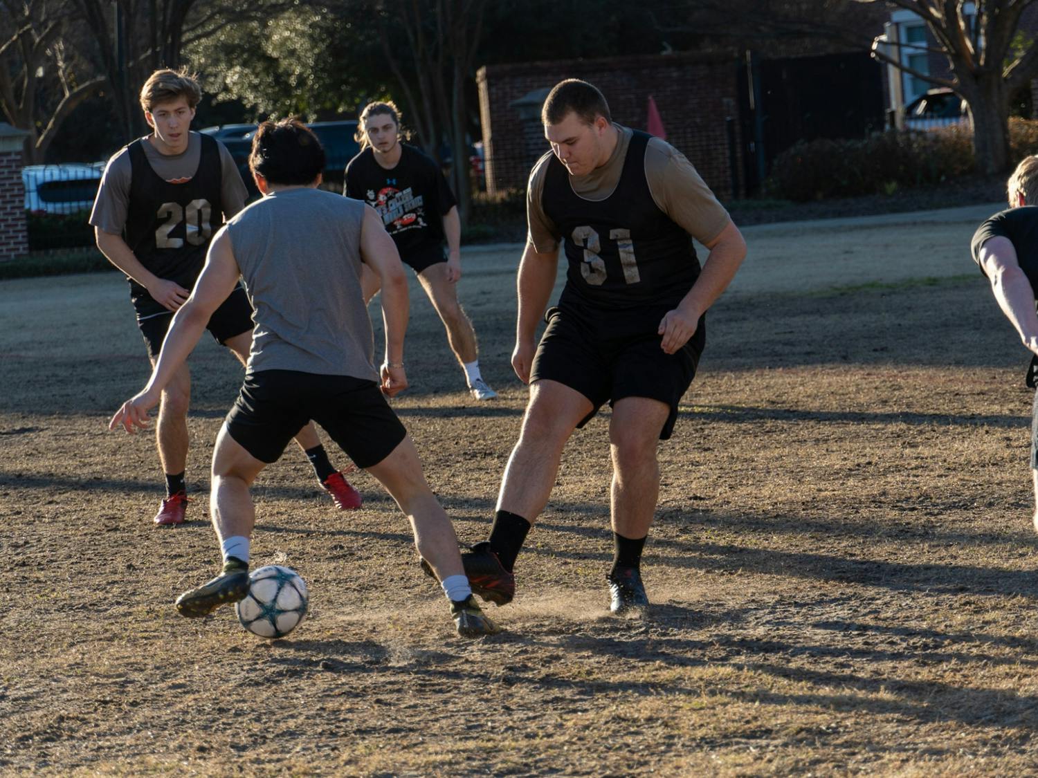 Group of USC students play intramural soccer on Sunday, Feb. 20, 2022. USC hosts a wide variety of intramural sports providing ways for students to get exercise and competition outside of collegiate sports and clubs.