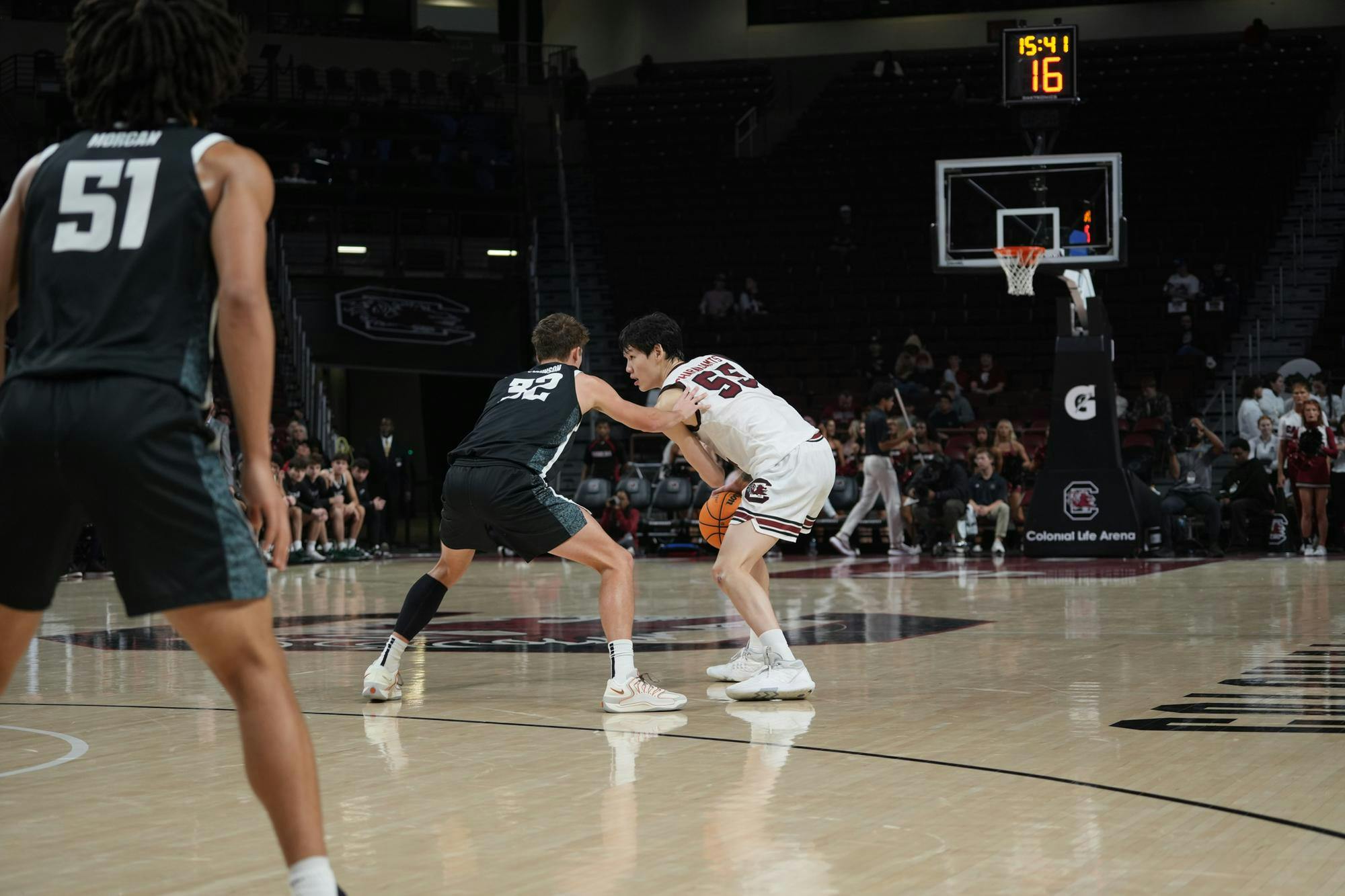South Carolina’s ball movement slowed into a one-on-one moment as senior guard Mike Sharavjamts backed down his defender, carving out space on the wing with the shot clock ticking at 16. The Gamecocks kept control of the tempo, stacking another steady possession into their eventual 82–51 win over Stetson.