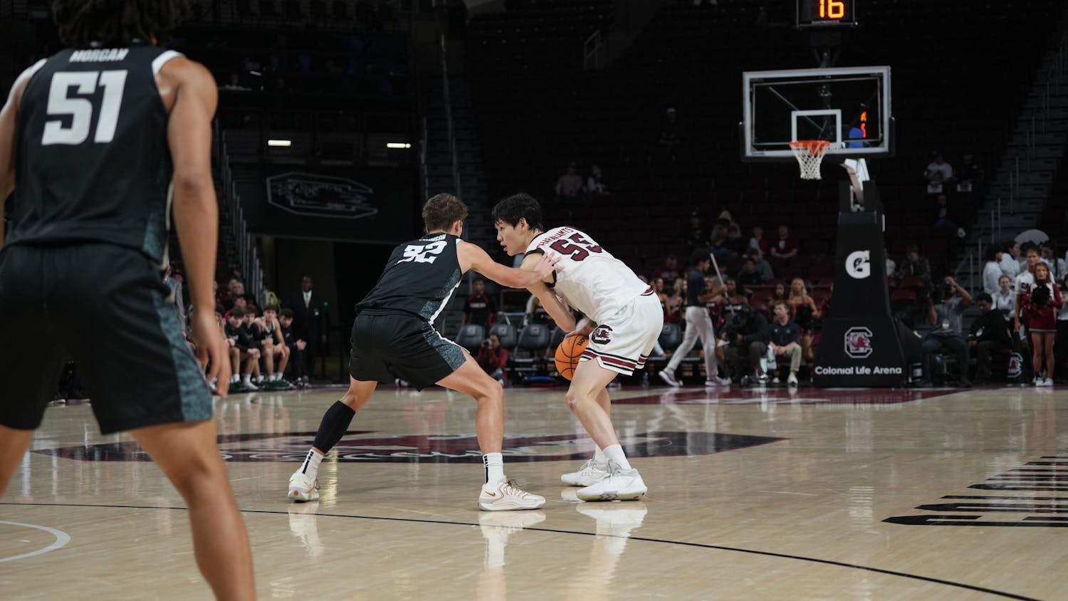 South Carolina’s ball movement slowed into a one-on-one moment as senior guard Mike Sharavjamts backed down his defender, carving out space on the wing with the shot clock ticking at 16. The Gamecocks kept control of the tempo, stacking another steady possession into their eventual 82–51 win over Stetson.