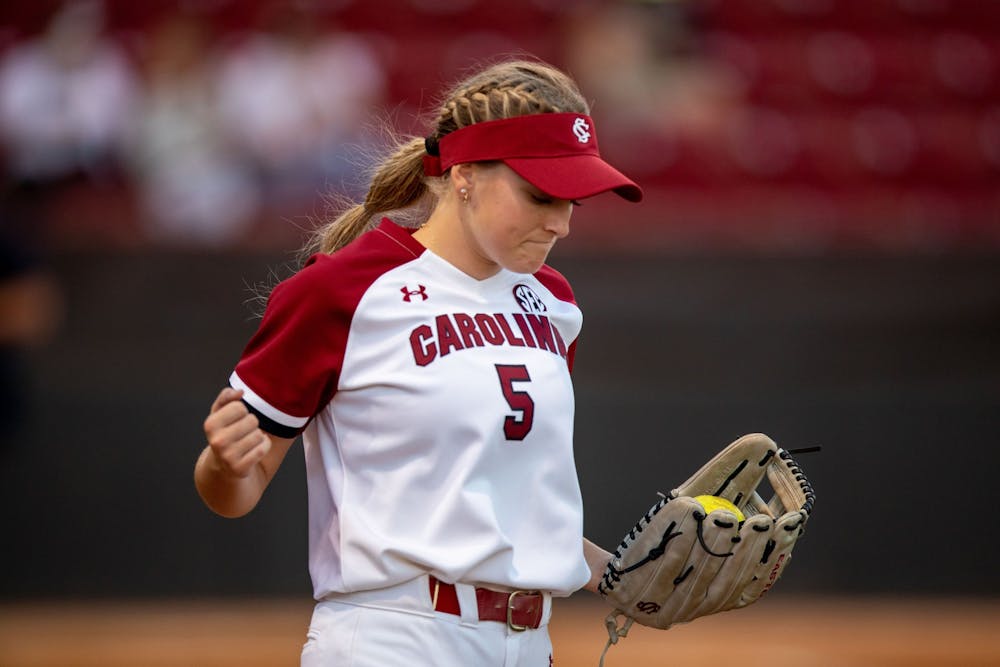 <p>Sophomore outfielder Carlie Henderson celebrates as her team takes the advantage over Charleston Southern on Wednesday, March 2, 2022. South Carolina earned two back-to-back victories over the Buccaneers.</p>