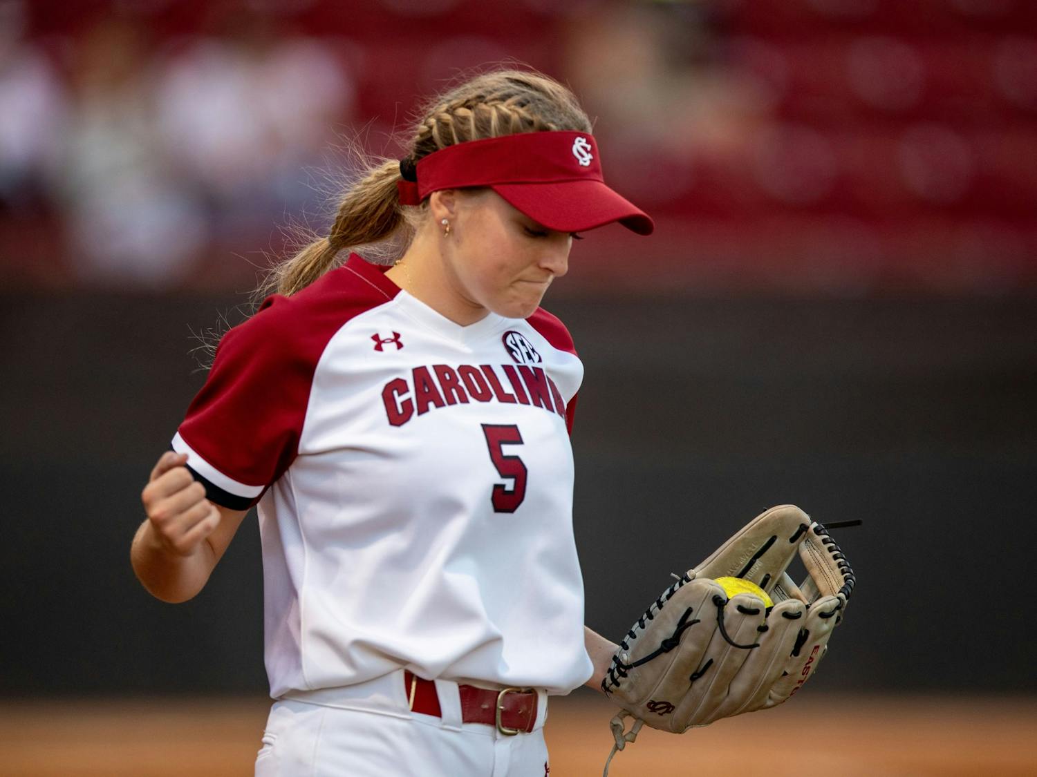 Sophomore outfielder Carlie Henderson celebrates as her team takes the advantage over Charleston Southern on Wednesday, March 2, 2022. South Carolina earned two back-to-back victories over the Buccaneers.