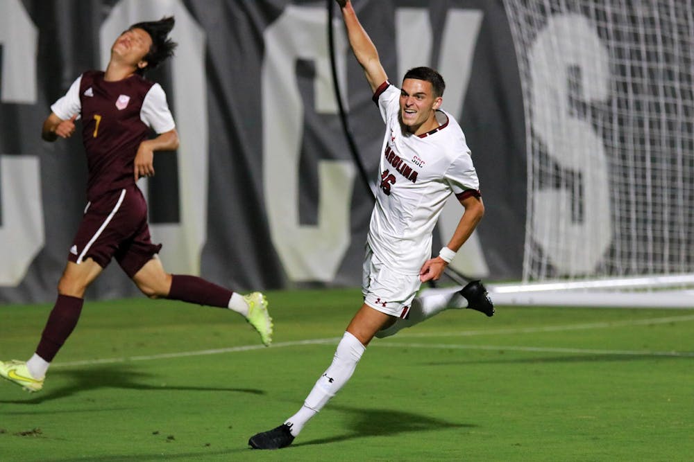 <p>Freshman midfielder Grant Mateer celebrates after scoring a goal against Winthrop on Aug. 22, 2024. The Gamecocks defeated the Eagles 7-1, aided by Mateer scoring one goal in the 69th minute.</p>