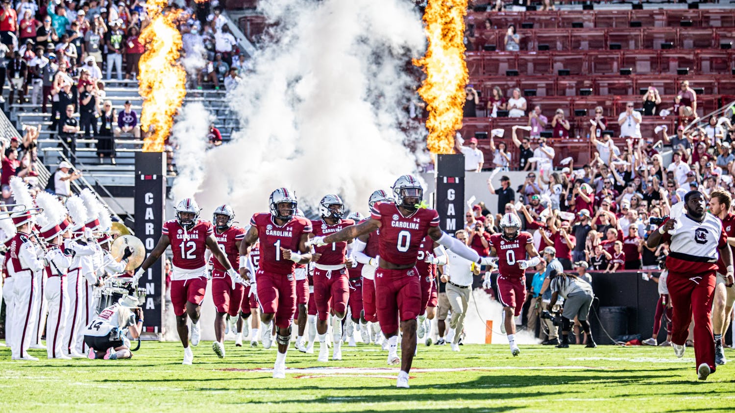 FILE—The Gamecocks rush the field before kick off against Troy on Saturday, Oct. 2, 2021. South Carolina won the game 23-14.