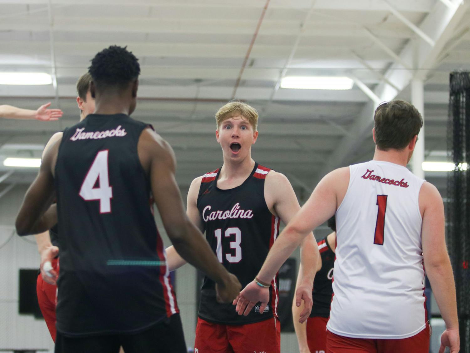 Sophomore setter Ryan Everding looks out in shock as the Garnet team scored an unexpected point during pool play. This particular match against Kennesaw State B was a hard fight until the end, with the Garnet team losing 29-27, and ultimately splitting the match. &nbsp;