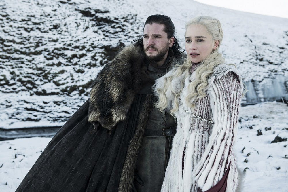 Jon Snow, played by Kit Harington, Daenerys Targaryen, played by Emilia Clarke, in season 7 of &quot;Game of Thrones,&quot; on HBO. GoT is back with its final season in April.