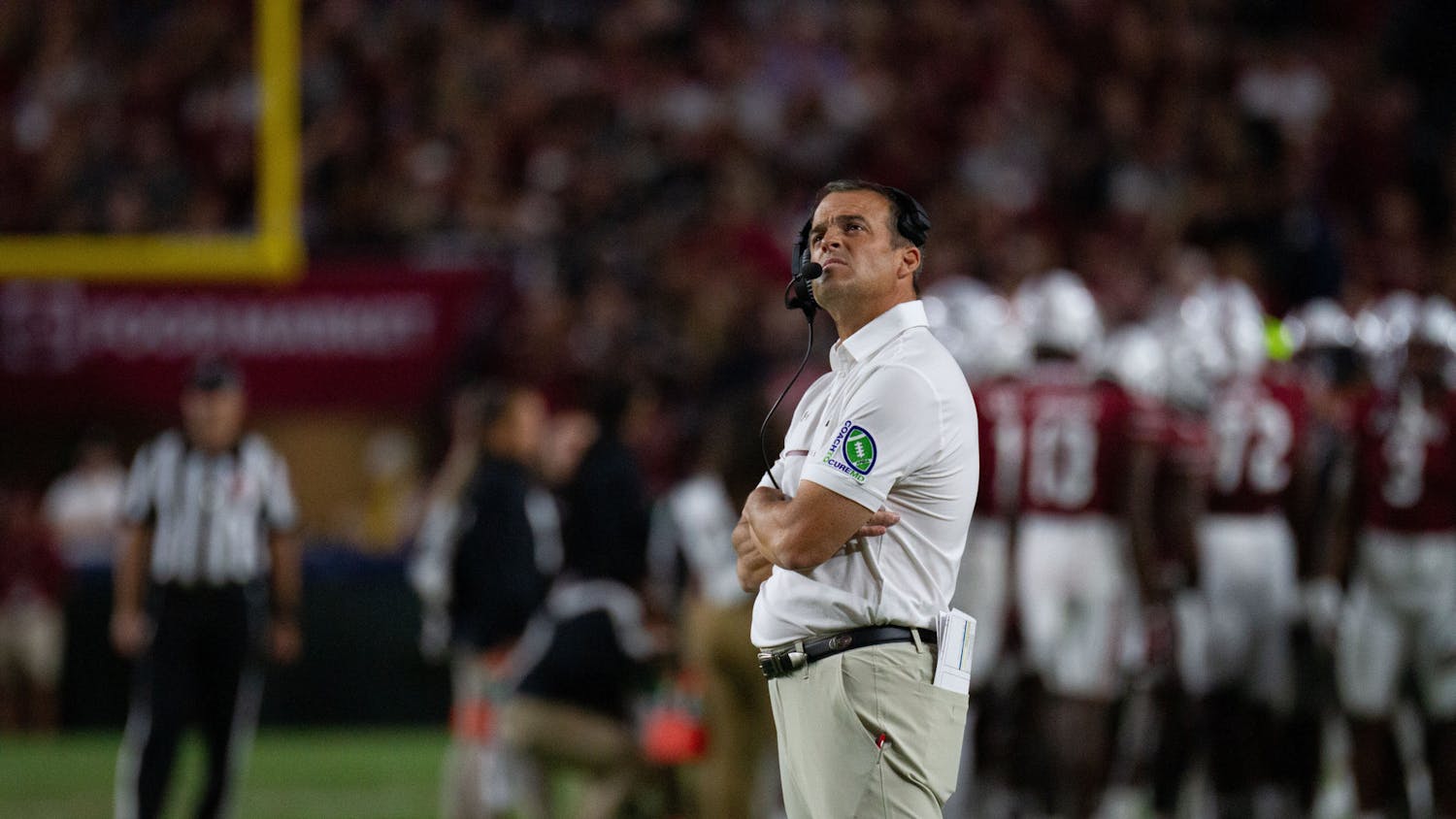 FLE—Head coach Shane Beamer looks at a replay on the jumbotron during South Carolina's game against Charlotte on Sept. 24, 2022, at Williams-Brice Stadium. The Gamecocks beat the 49ers 56-20.