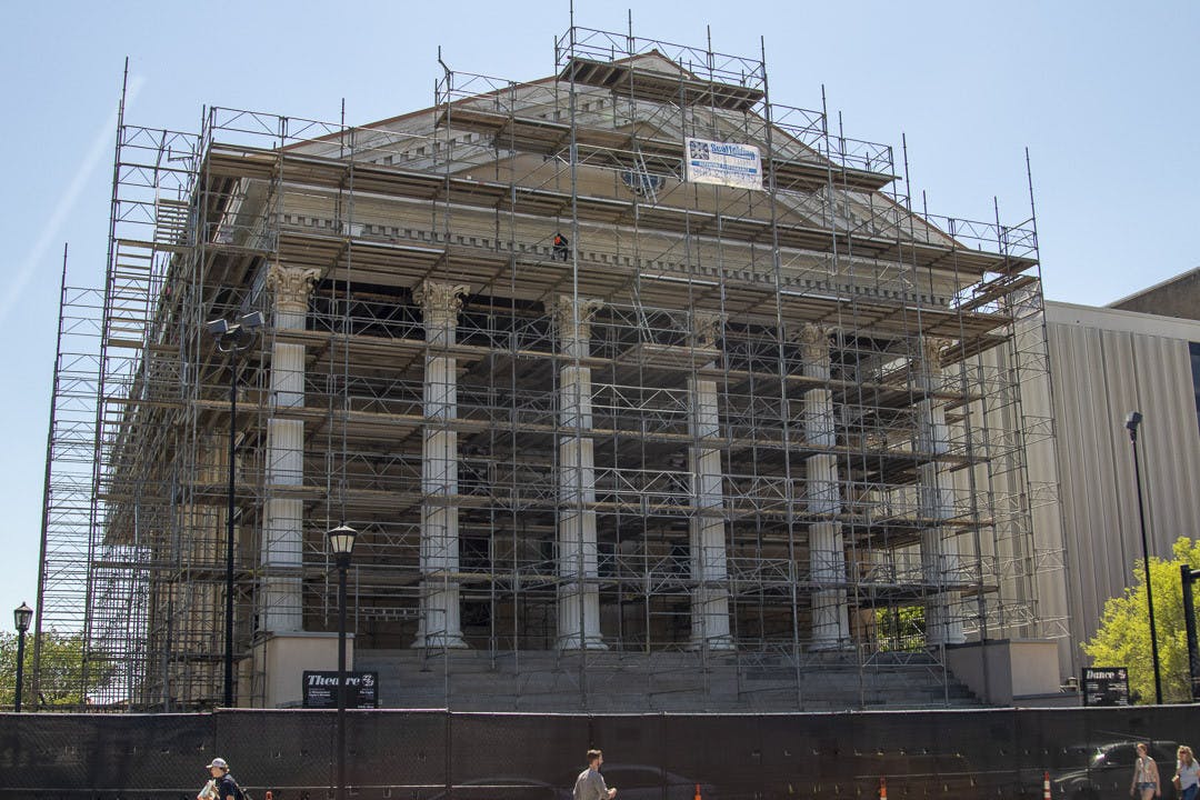 A view of the north side of Longstreet Theatre on March 24, 2023. The facade of the building has been the main focus of renovations that began in March and are expected to last through the summer.