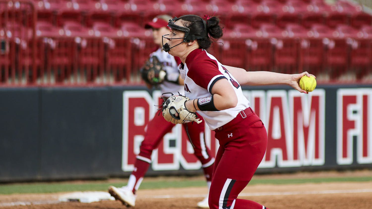 Senior pitcher Karsen Ochs winds up for a pitch during the match against Western Kentucky University at Beckham Field on Feb. 19, 2023. The Gamecocks beat the Hilltoppers 11-2.
