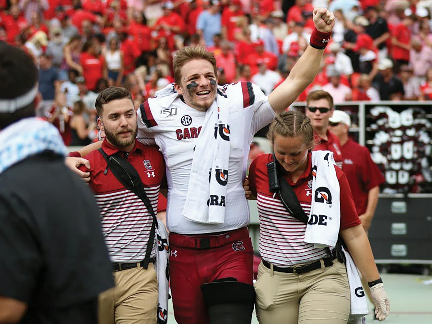 Former South Carolina quarterback Ryan Hilinski celebrates after South Carolina beat Georgia on Saturday, Oct. 12, 2019 in Athens, GA. This was the first time the Gamecocks beat the Bulldogs since 2014.