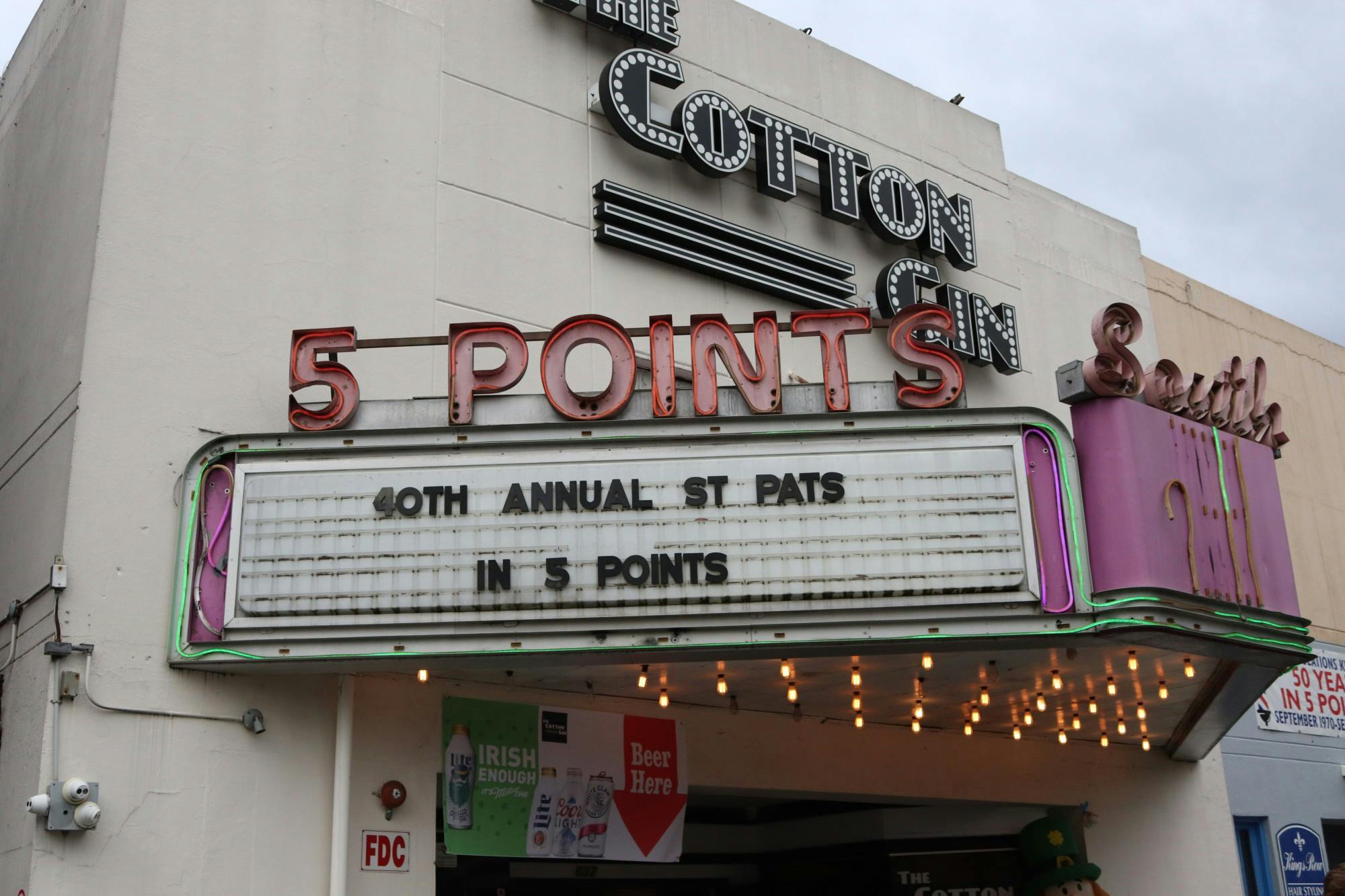 The 5 Points marquee sign announces Saturday’s event, the 40th Annual St. Pats in 5 Points. &nbsp;