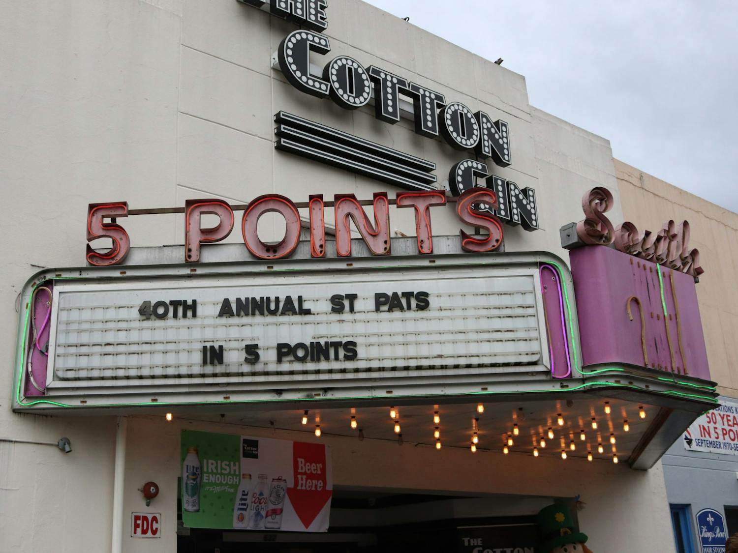 The 5 Points marquee sign announces Saturday’s event, the 40th Annual St. Pats in 5 Points. &nbsp;