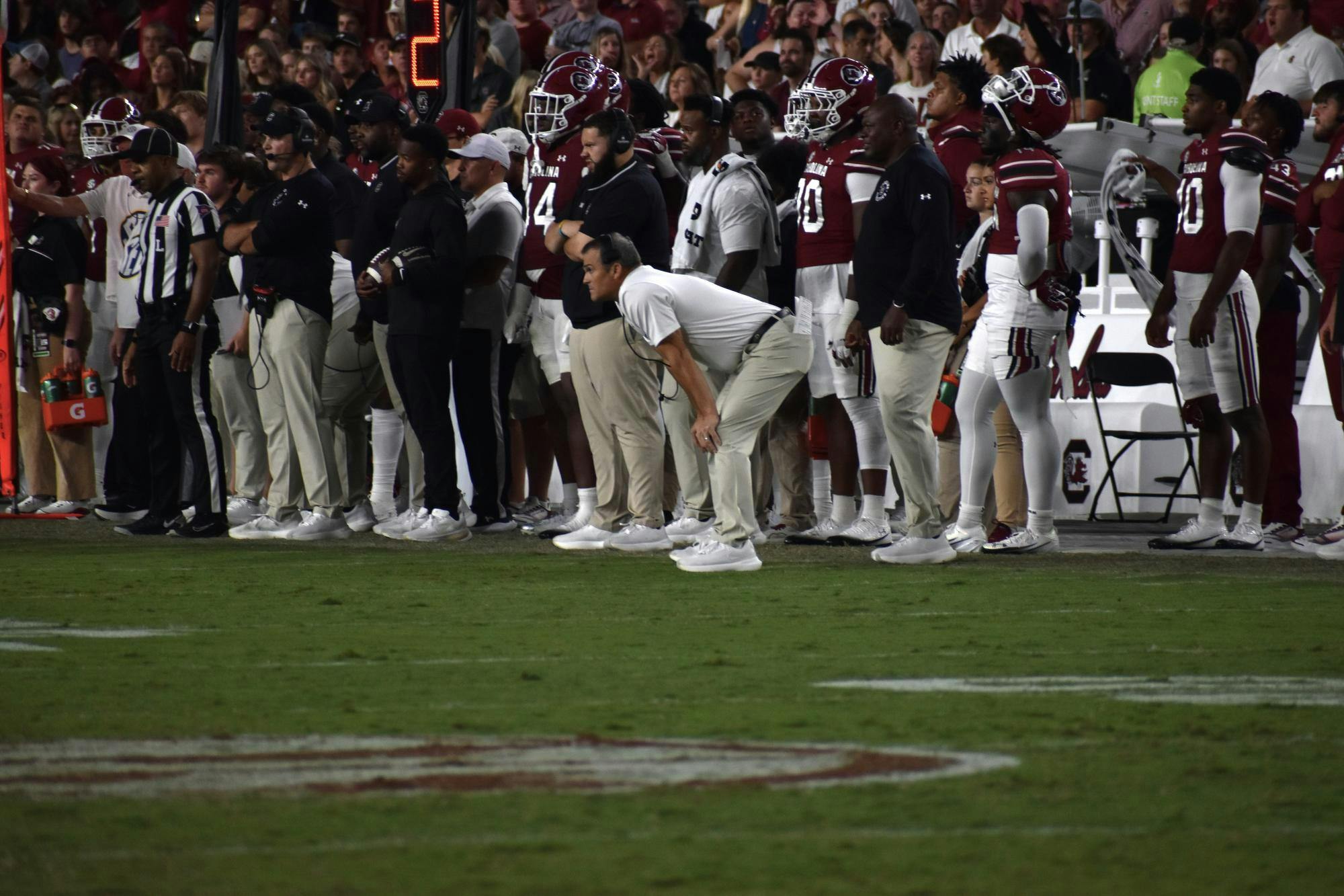 Head coach Shane Beamer watches a play during the game against Vanderbilt on Sept. 13, 2025. Coach Beamer has been the head coach since December 2020.