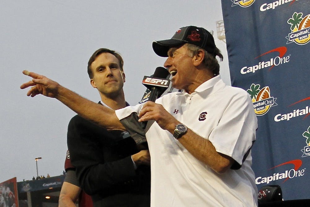 	Coach Steve Spurrier celebrates South Carolina&#8217;s 34-24 victory over the Wisconsin Badgers at the Capital One Bowl on Jan. 1.
