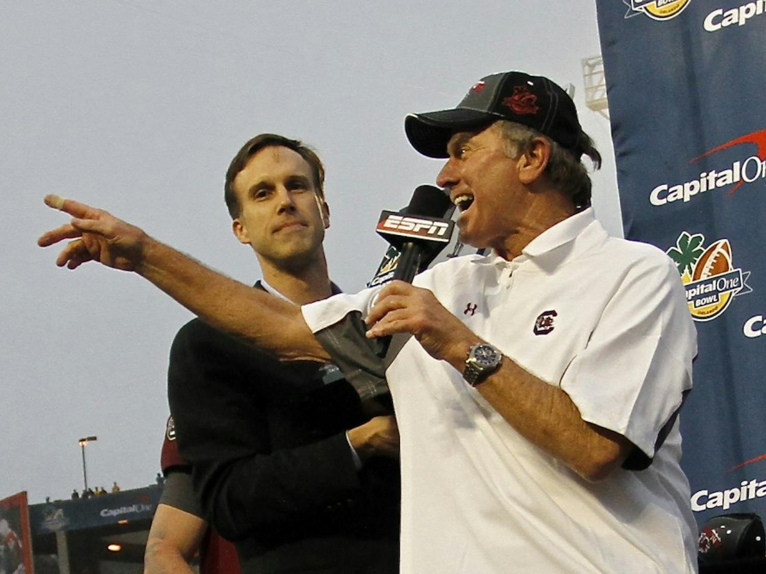 	Coach Steve Spurrier celebrates South Carolina&#8217;s 34-24 victory over the Wisconsin Badgers at the Capital One Bowl on Jan. 1.
