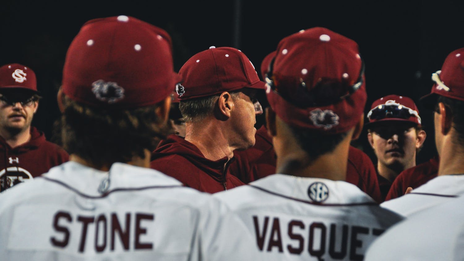 FILE—Head coach Mark Kingston talks to his team after a game against Gardner-Webb on March 15, 2022. The Gamecocks finished the 2022 season 27-28. 
