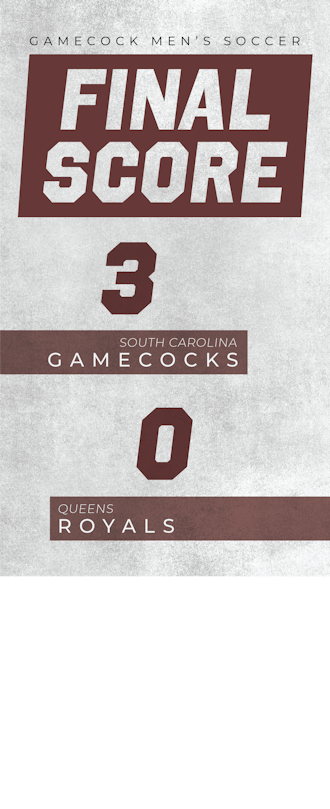 A graphic of the final score between South Carolina and Queens reads, "South Carolina Gamecocks, 3" and "Queens Royals, 0".