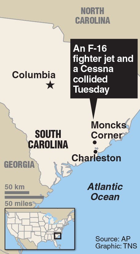 Locator map of Moncks Corner, S. Carolina where an F-16 collided with a Cessna.