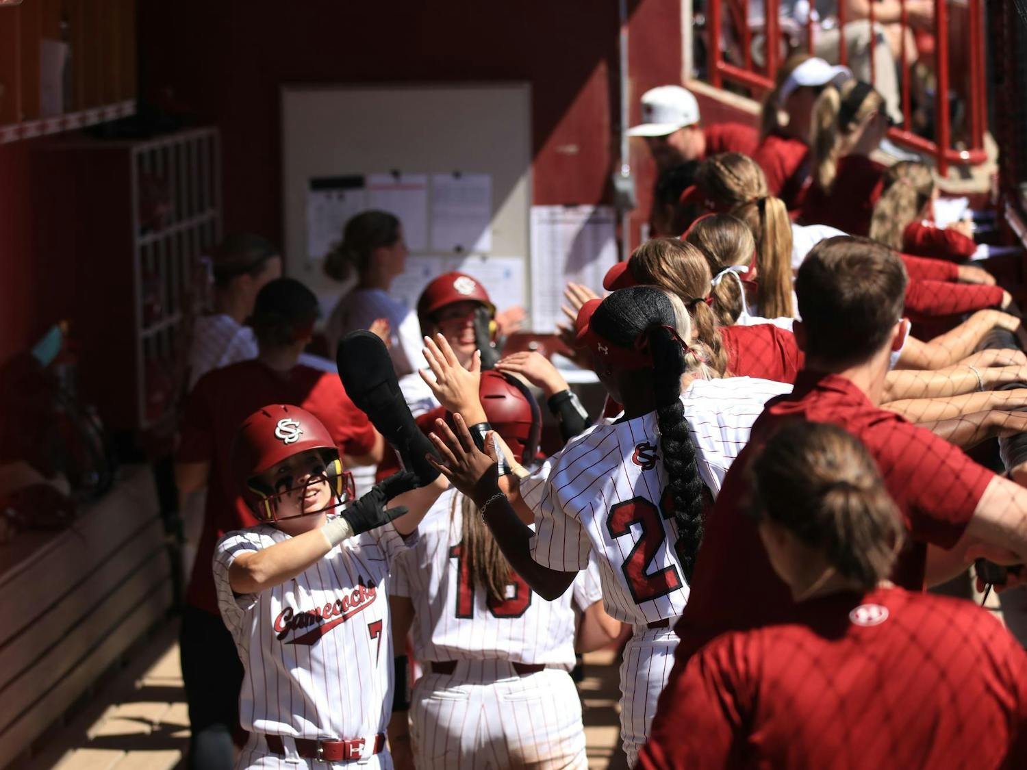 The University of South Carolina softball team congratulates each other after two players made it back to home plate at Carolina Softball Stadium during the game on Mar. 23, 2025. The Gamecocks lost to the Texas Tech Red Raiders, 5-6, in a close matchup. 