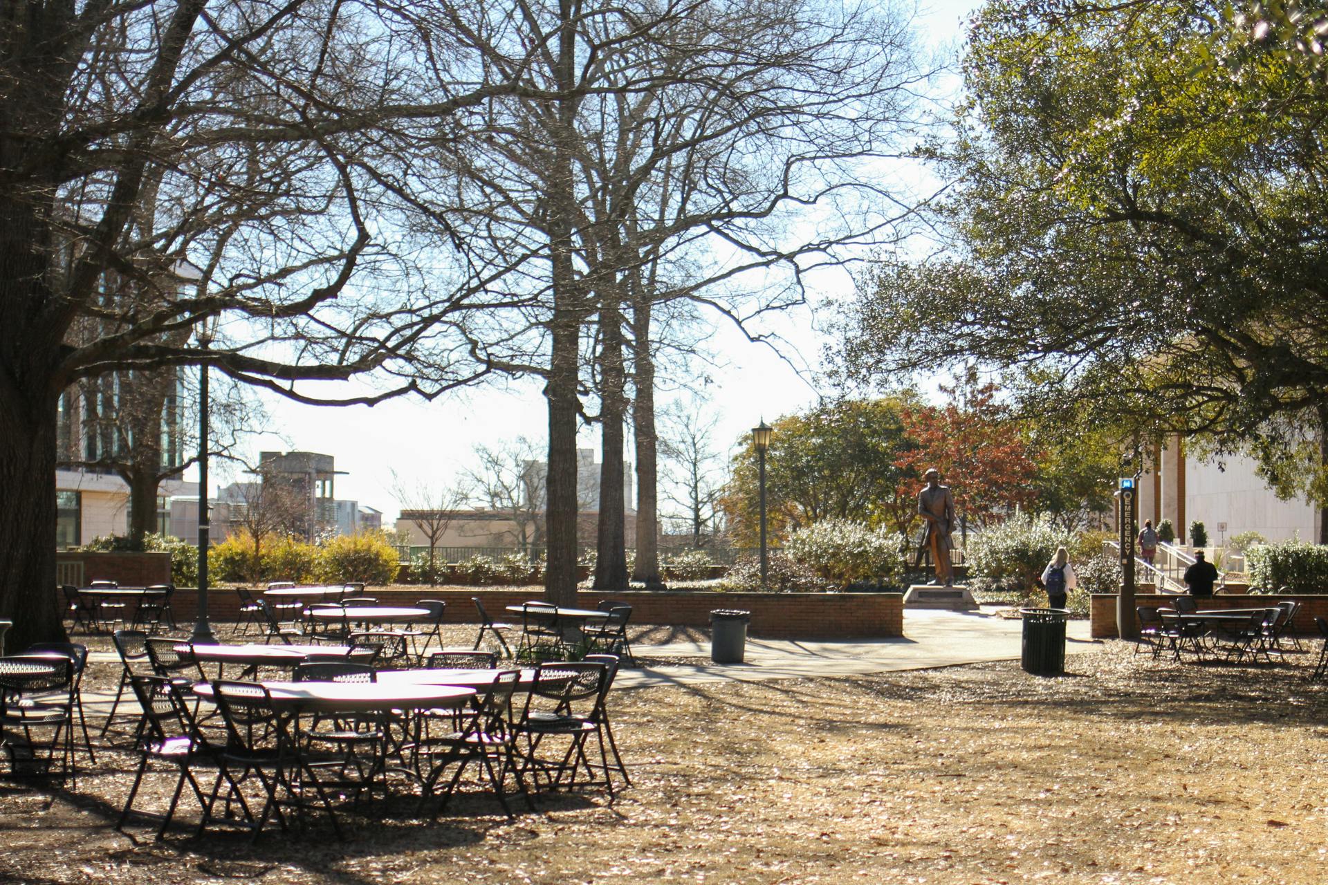 Tables adorn an area of Davis Field at the University of South Carolina on Feb. 4, 2023. Much of the original Davis Field is now home to the Russell House and the Thomas Cooper Library Reflecting Pool and Fountain. 