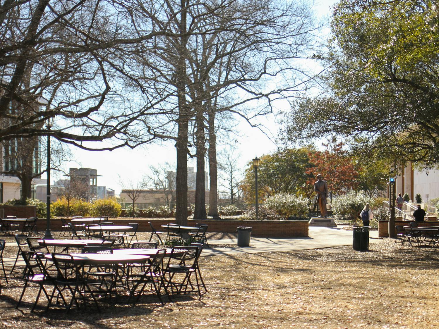 Tables adorn an area of Davis Field at the University of South Carolina on Feb. 4, 2023. Much of the original Davis Field is now home to the Russell House and the Thomas Cooper Library Reflecting Pool and Fountain. 