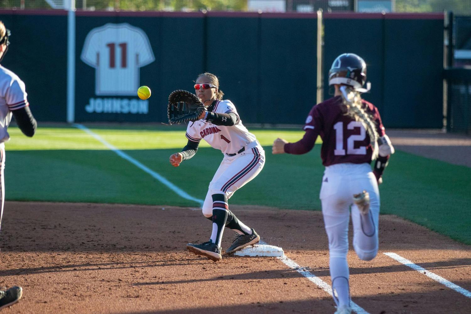 Senior utility player Aniyah Black catches field the out at first base during South Carolina's game against Mississippi State on April 5, 2024. Black earned eight putouts in the ɫɫƵs' 6-0 loss to the Bulldogs.