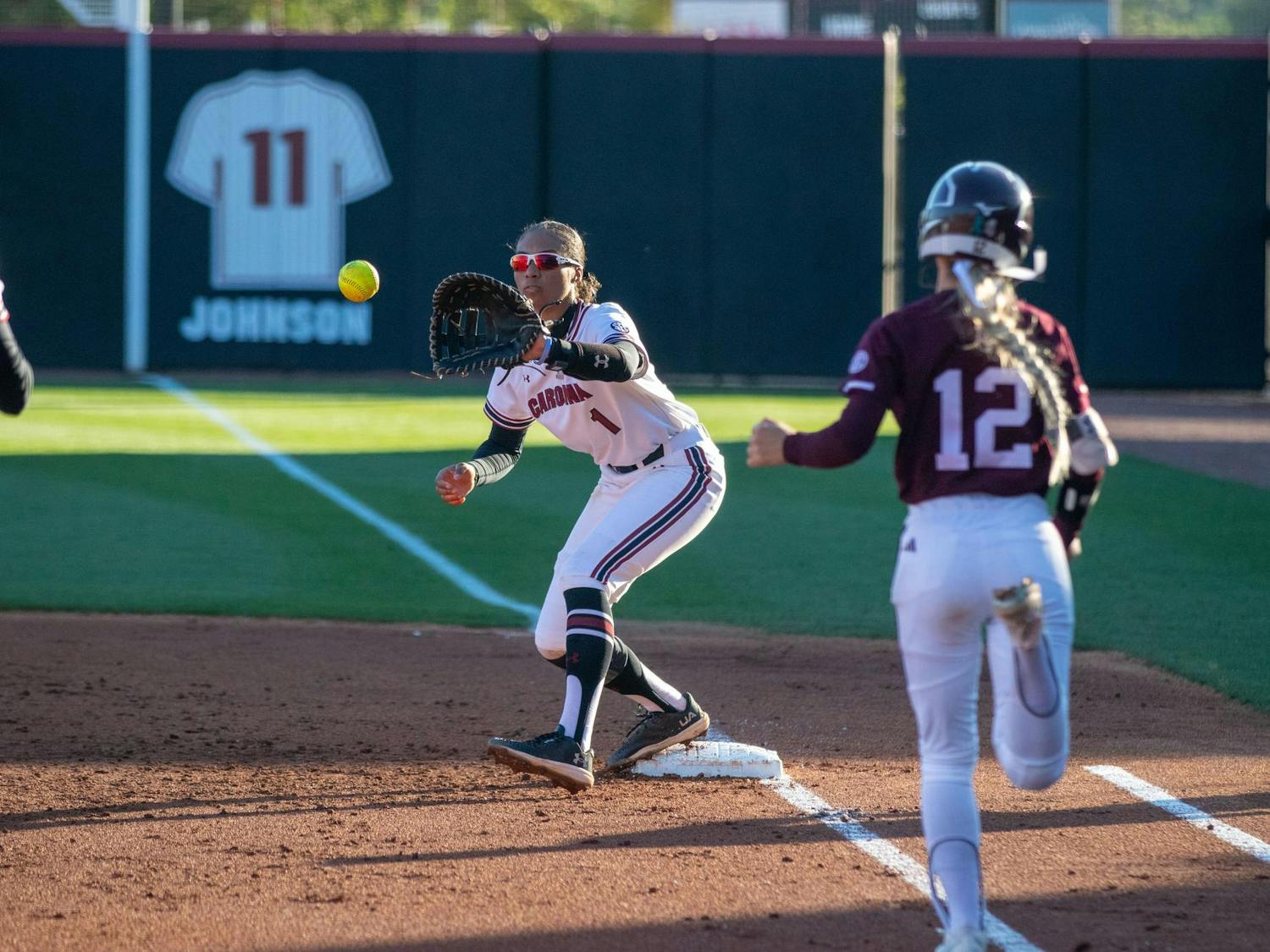 Senior utility player Aniyah Black catches field the out at first base during South Carolina's game against Mississippi State on April 5, 2024. Black earned eight putouts in the Gamecocks' 6-0 loss to the Bulldogs.