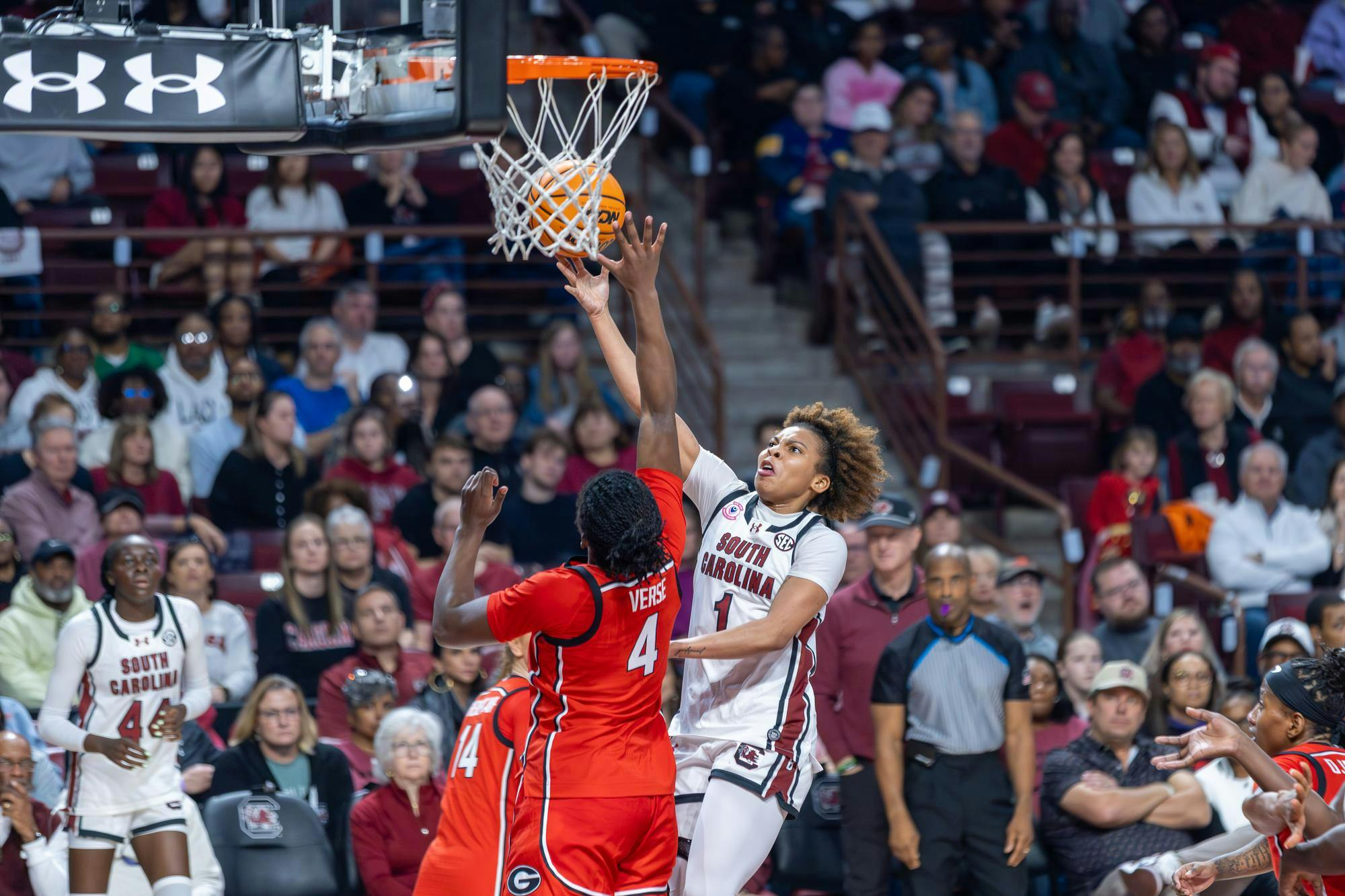Sophomore guard Maddy McDaniel performs a layup during the game against Georgia on Jan. 11, 2026. McDaniel made two rebounds and scored 2 points.