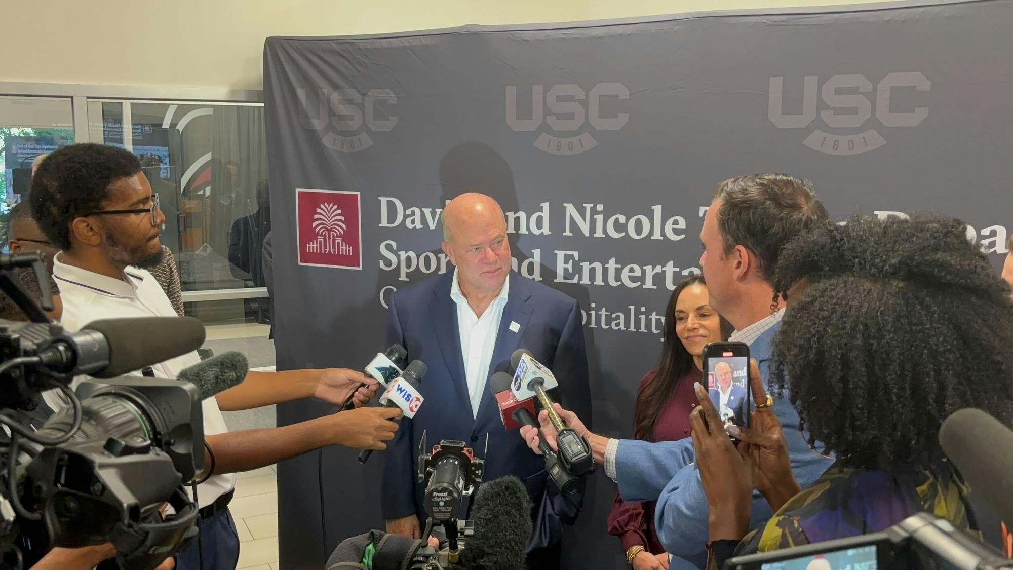 David (left) and Nicole (right) Tepper speak to the media after announcing their $5.24 million donation to the Department of Sport and Entertainment Management on Oct. 14, 2025. The department has been renamed to the David and Nicole Tepper Department of Sport and Entertainment Management.