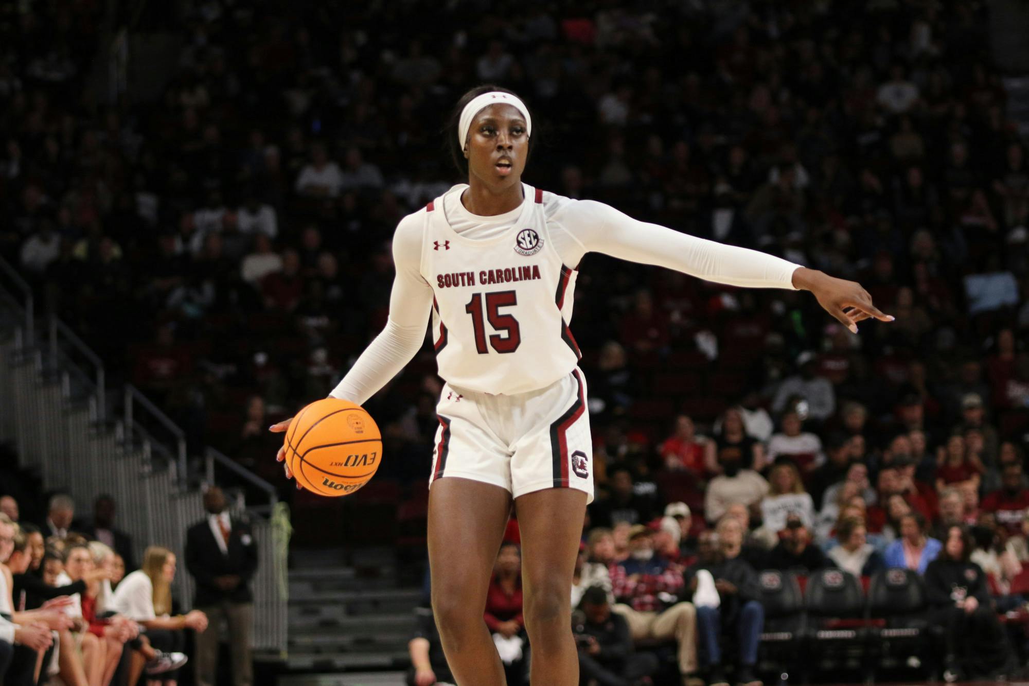 Senior forward Laeticia Amihere directs her teammates during their possession on Jan. 22, 2023. The Gamecocks defeated Arkansas 92-46.&nbsp;