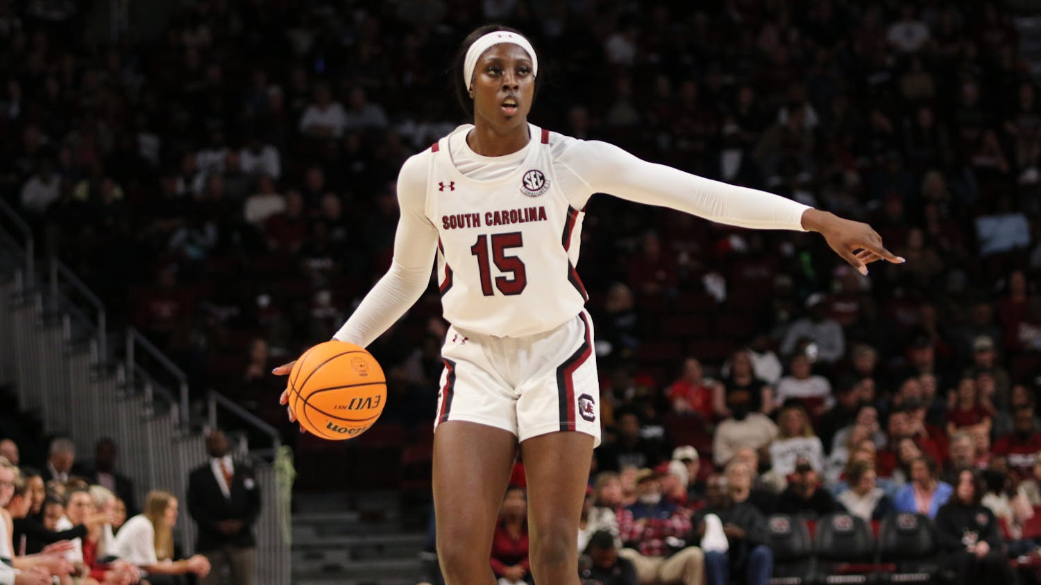 Senior forward Laeticia Amihere directs her teammates during their possession on Jan. 22, 2023. The Gamecocks defeated Arkansas 92-46.&nbsp;