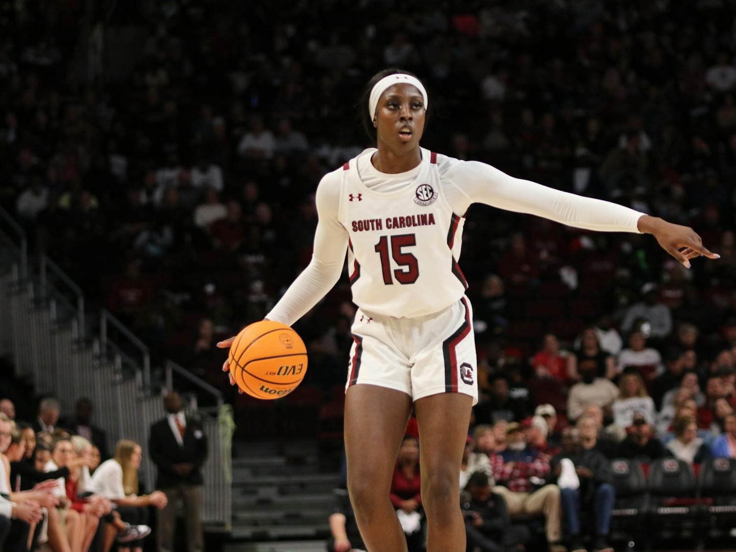 Senior forward Laeticia Amihere directs her teammates during their possession on Jan. 22, 2023. The Gamecocks defeated Arkansas 92-46.&nbsp;